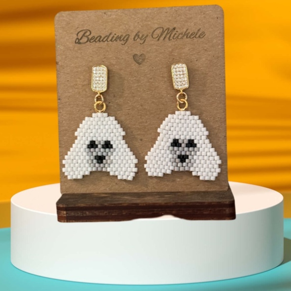 Handcrafted white poodle face portrait brick stitch post earrings with tiny CZ